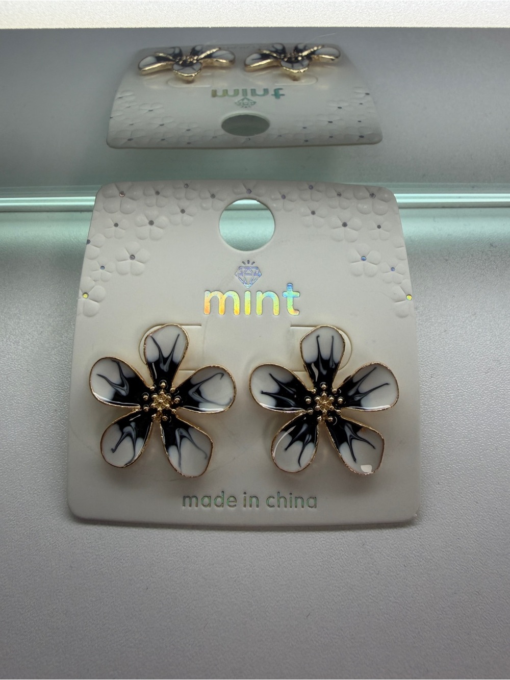 Mint Black and White Floral Earrings